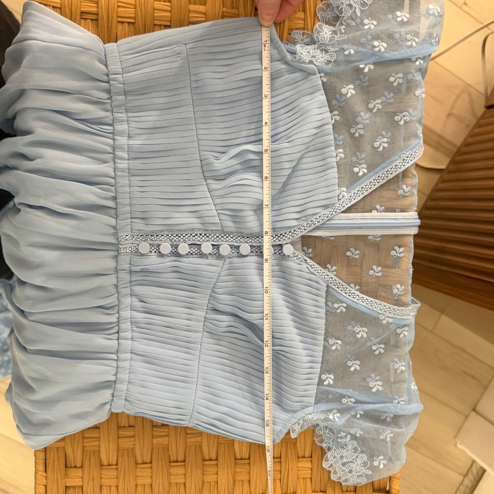 Self-Portrait Light Blue Chiffon Tiered Lace Midi Dress Pleated Short Sleeve - Picture 4 of 7